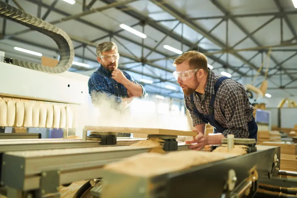 Two male workers wearing protective glasses operating a woodworking machine in a workshop.