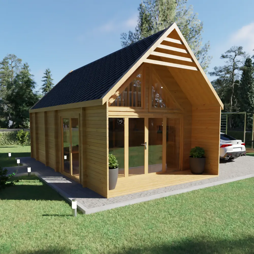 Modern wooden cabin with large glass doors and windows, situated on a paved area with green grass and trees around.